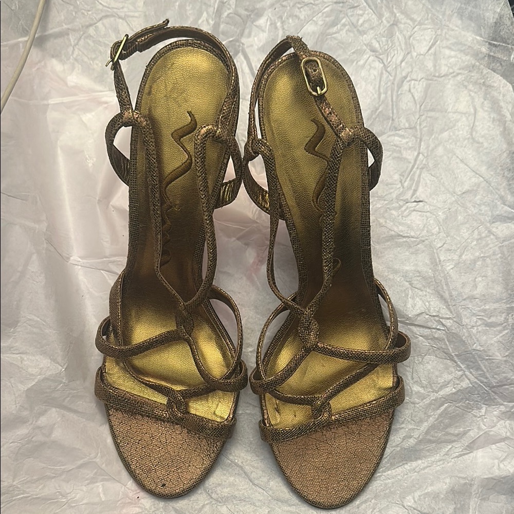 Gold High Heels with Strappy Design and Shimmery Finish
